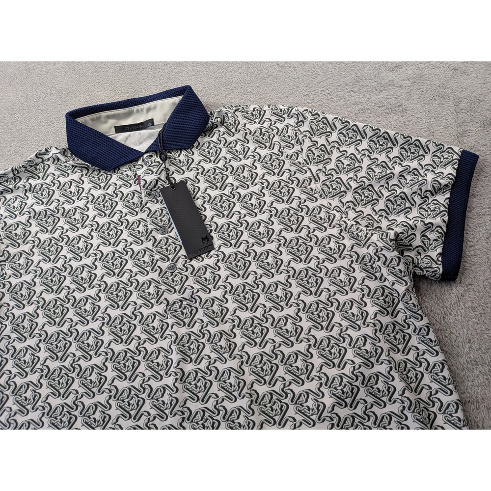 GREYSON Intertwined Polo Shirt Mens XL White Navy All Over Print Short Sleeve